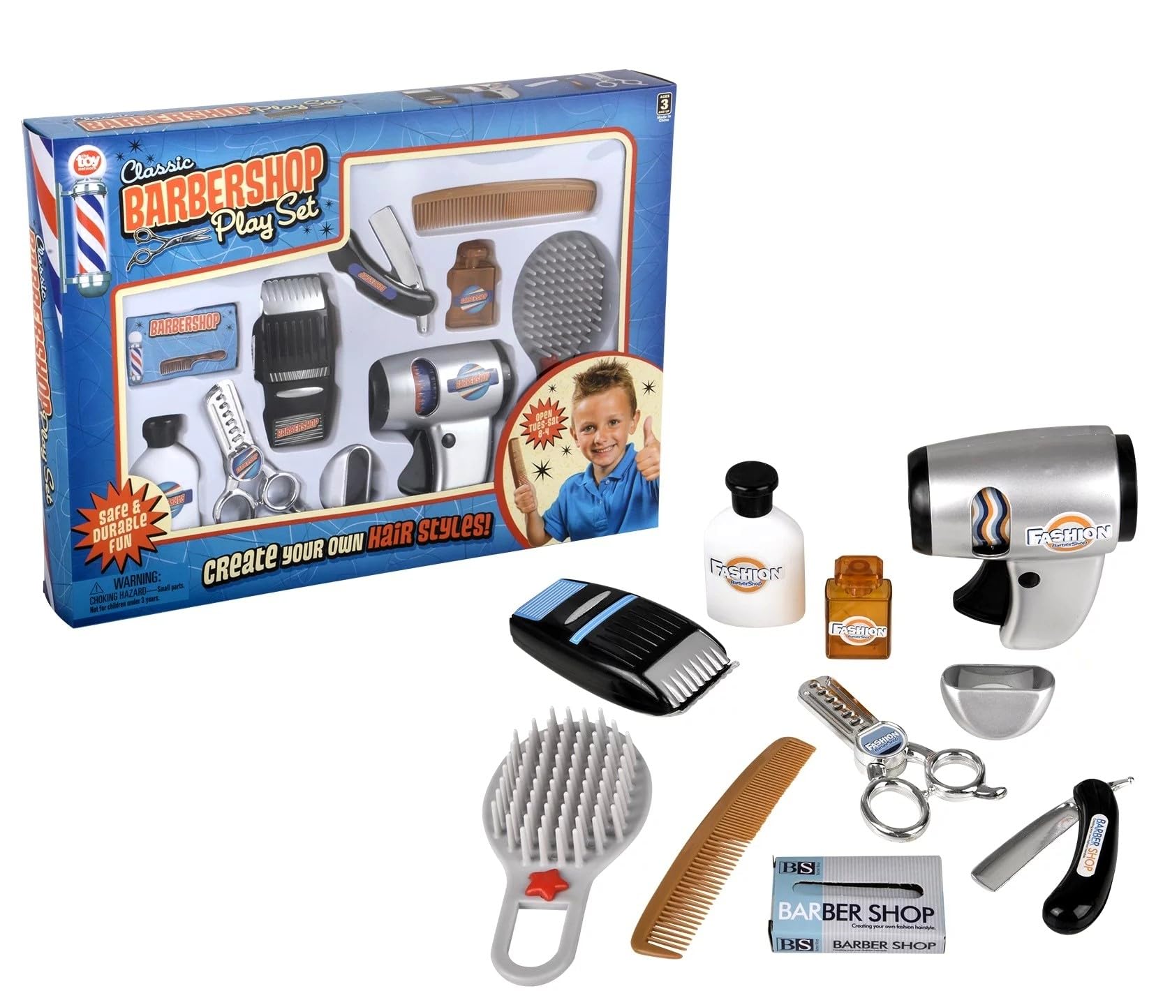 Classic Barbershop Play Set (10 Pieces) Create Your Own Hair Styles! Safe & Durable Fun! Includes Fake Razor, Blow Dryer, Comb, Shears, Scissors, and More!