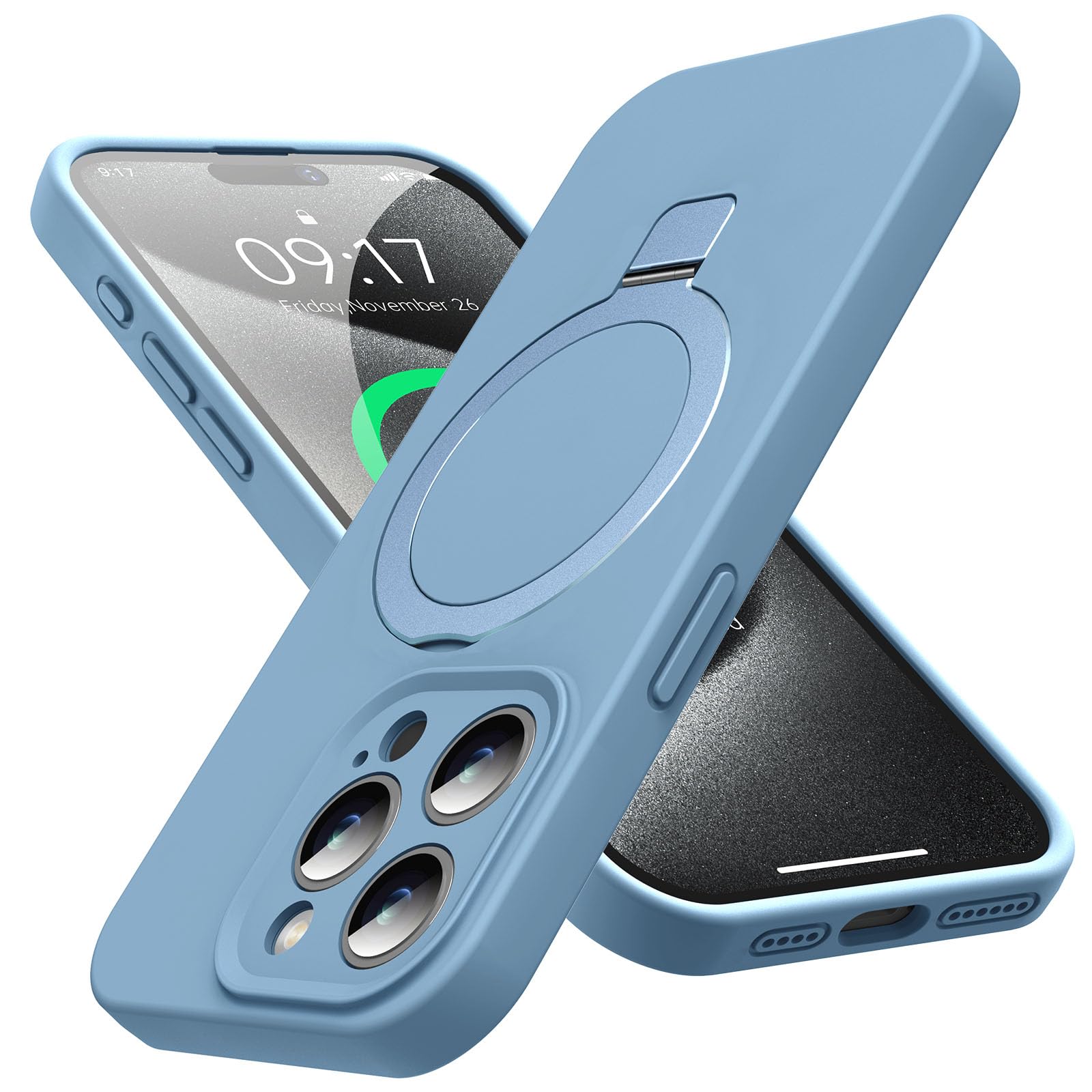 Mag-Ring Designed for iPhone 15 Pro Case, Liquid Silicone [Moisturizing Factor] Extreme Soft Slim Phone Case with Stand [Compatible with MagSafe] for iPhone 15Pro 6.1 inch Men Women, Mint Blue