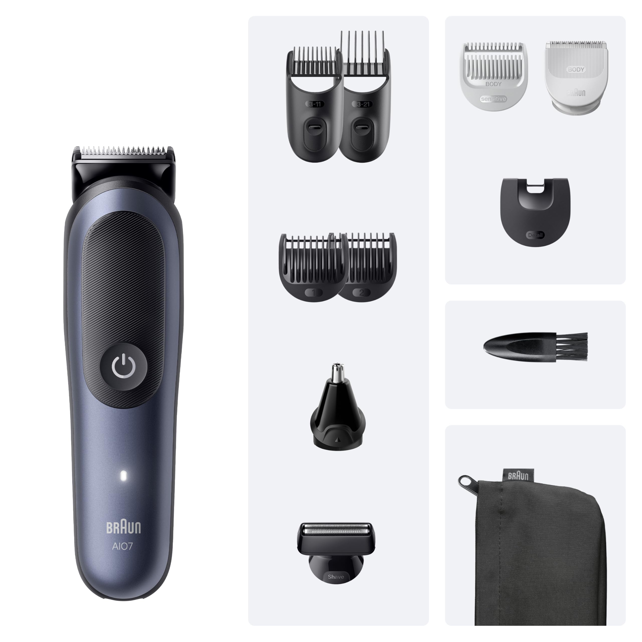 Braun All-in-One Trimmer-Set 7, 11-in-1 Multigroom, Barttrimmer, Nasenhaartrimmer, Haarschneidemaschine für Gesicht, Kopf und Körper, 120 Min Akku, 14 Längen (0.1–21 mm), Wasserdicht, AIO7540, Blau