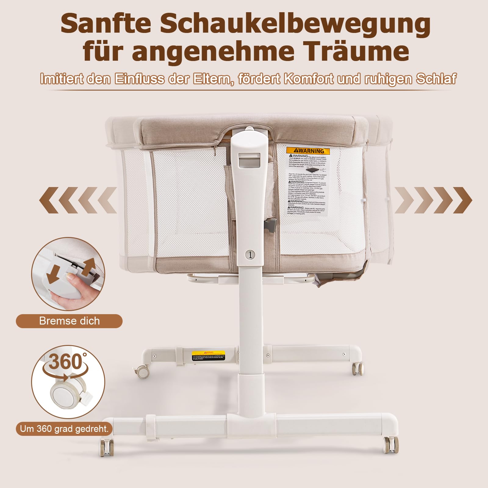 SANEWE Essential Culla Neonato Fianco Letto,Culla Next To Me 3-in-1 Oscillante con Ruote e Regolazione Altezza 6 Posizioni - Tessuto Mesh Traspirante e Materasso Morbido per Neonati e Infanti