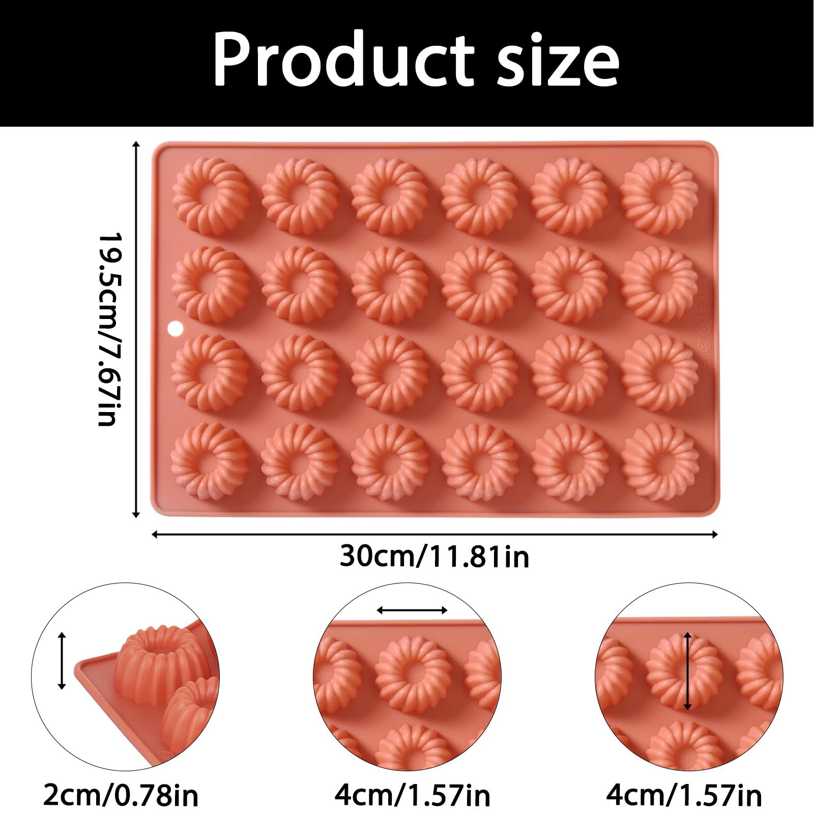 Mini Buntz Cake Silicone Pan, 24-Cavity Nonstick Fluted Tube Ring Cake Pan for Baking, Donuts Silicone Mold for Mousse Cupcake Chocolate Jelly Pudding Dessert (11.8 x 7.6 x 0.7 inches), Terracotta