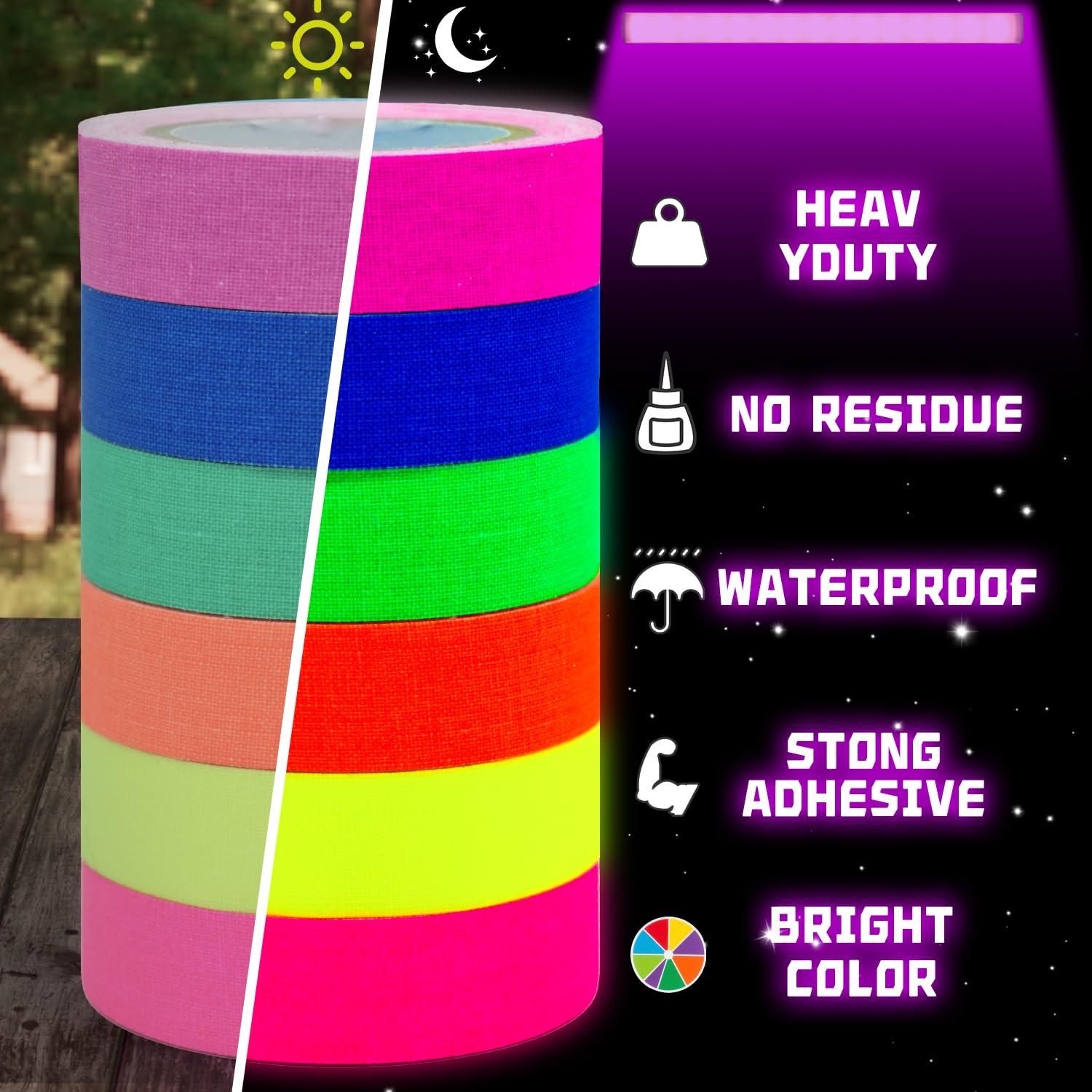 SWRT Neon UV Glow Tape – 6 Rolls Multi-Color Fluorescent Gaffer Tape, Glows Under Blacklight, 0.6in X 33ft, For Party Decor, Dance Floors & DIY