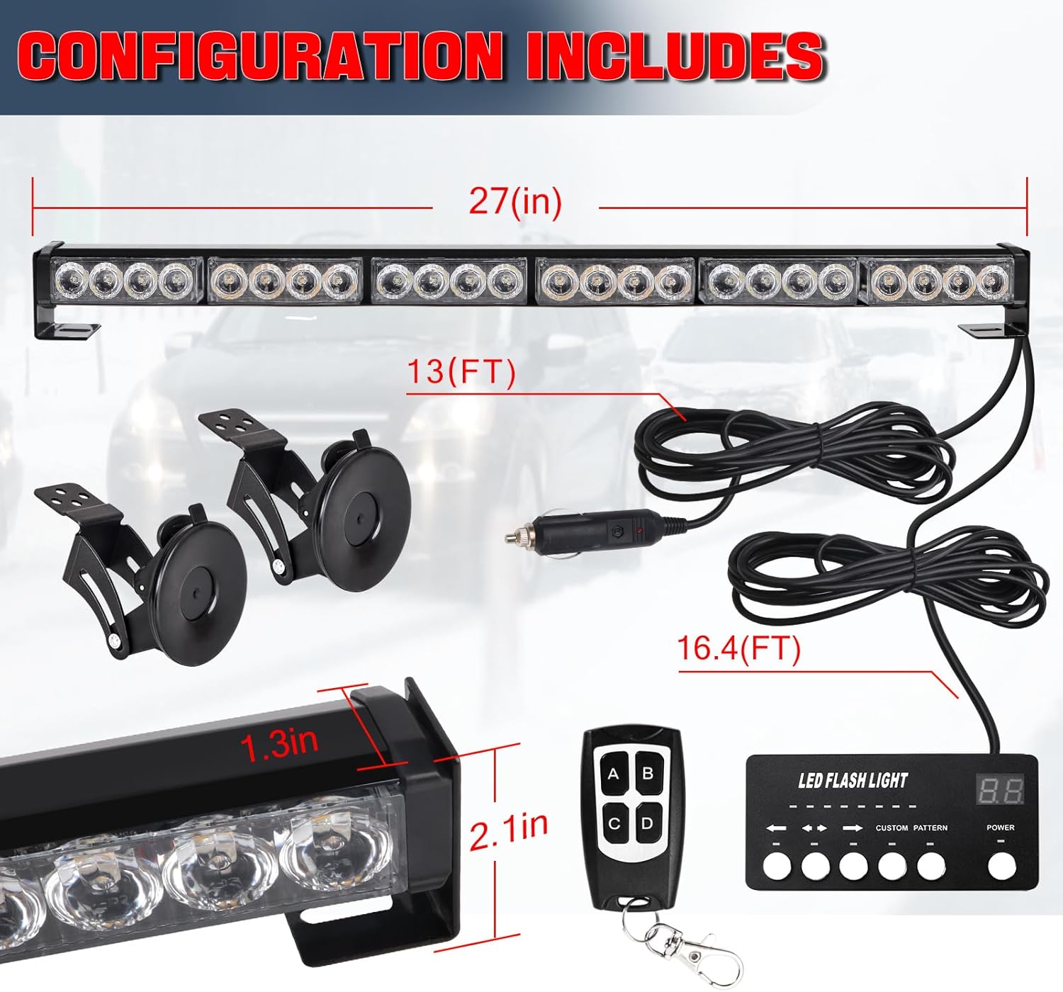 TeddyTT Emergency Strobe Firefighter Lights Bar Directional Traffic Advisor Warning Strobe Flash Emergency Fire Lights for Firefighters Vehicle Visor Lights 27 Inch 6Panel Led Remote Control White Red