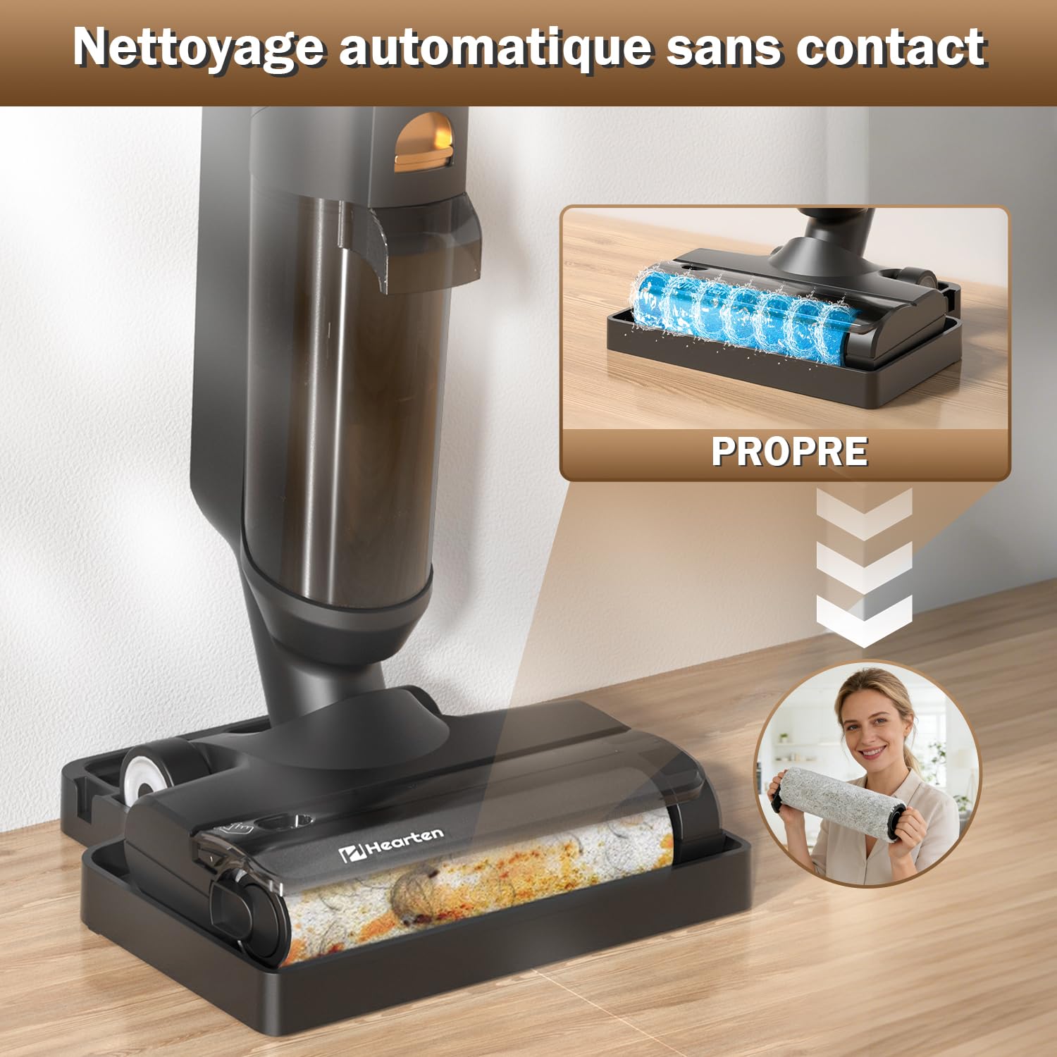 Hearten Aspirateur Laveur,Autonettoyant/Affichage à LED,sans Fil,Aspirateur et Laveur,Anti-enchevêtrement,pour sols durs et familles avec Animaux domestiques et Enfants