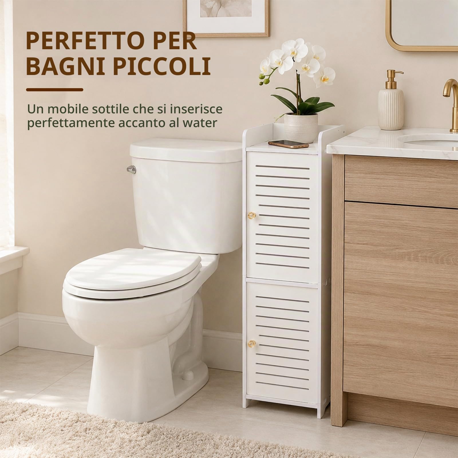 powerking Armadietto portaoggetti da bagno a 2 livelli, organizer indipendente con ante, bianco, impermeabile, per camera da letto, WC, soggiorno, cucina, balcone, ufficio