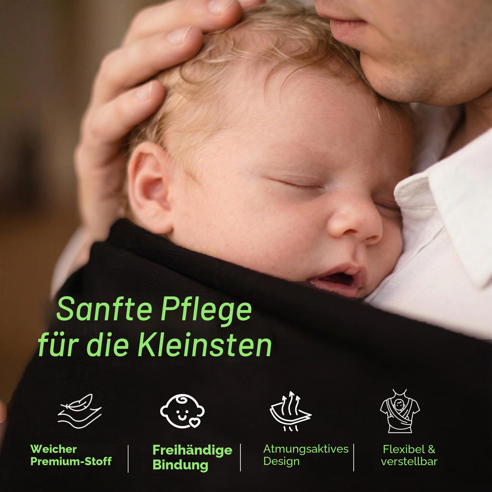 ELDOMA Babytragetuch Schwarz für Neugeborene – Leichtes, Atmungsaktives Tragetuch Baby, Ergonomische Babytrage ab Geburt bis Kleinkind (7–35 lbs / 3–15 kg)
