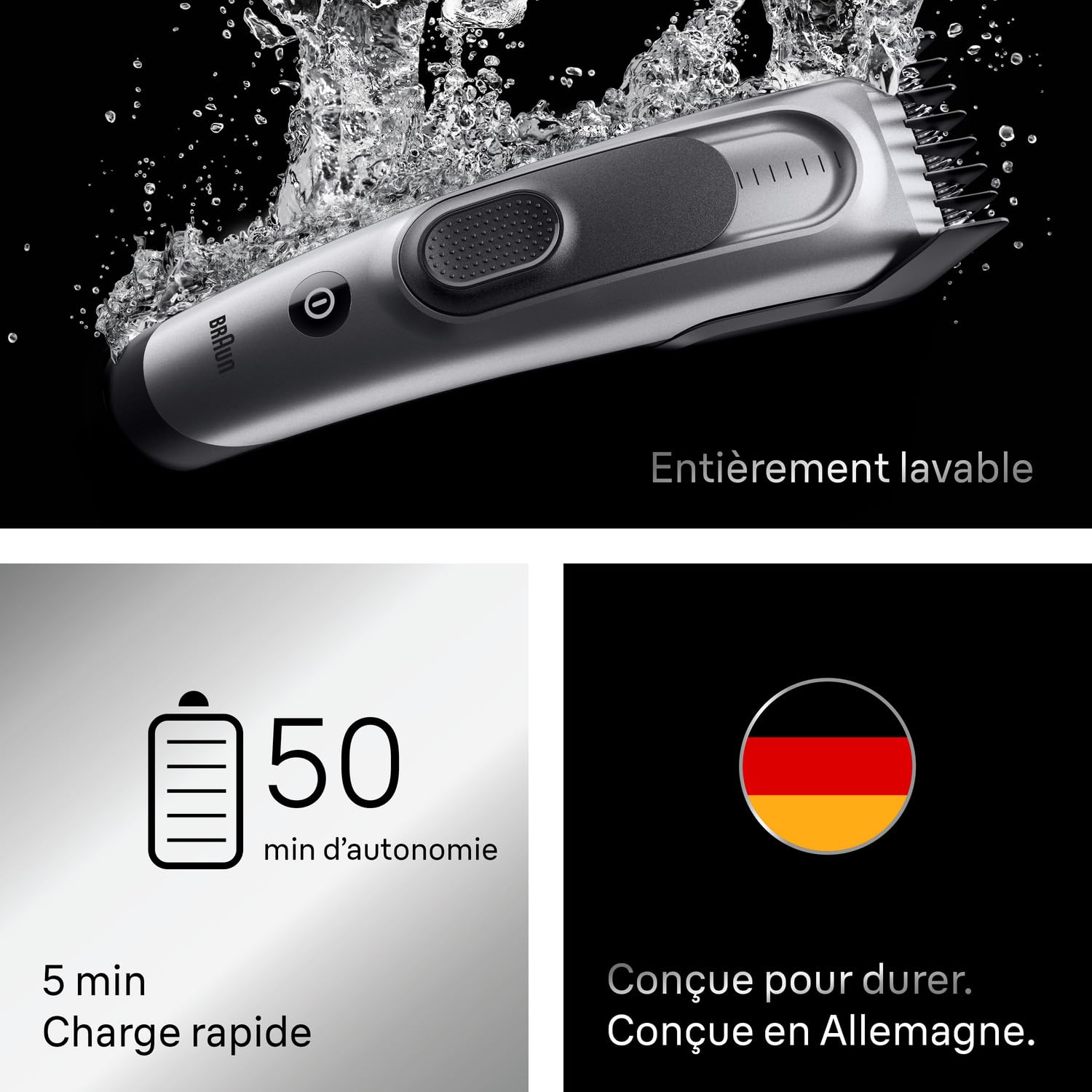 Braun Tondeuse Electrique Homme, à Cheveux, Series 5 HC7590, Grise | Lavable, sans Fil, Batterie Rechargeable, Coffret avec 2 Sabots et 17 Longueurs, Lames Affutées