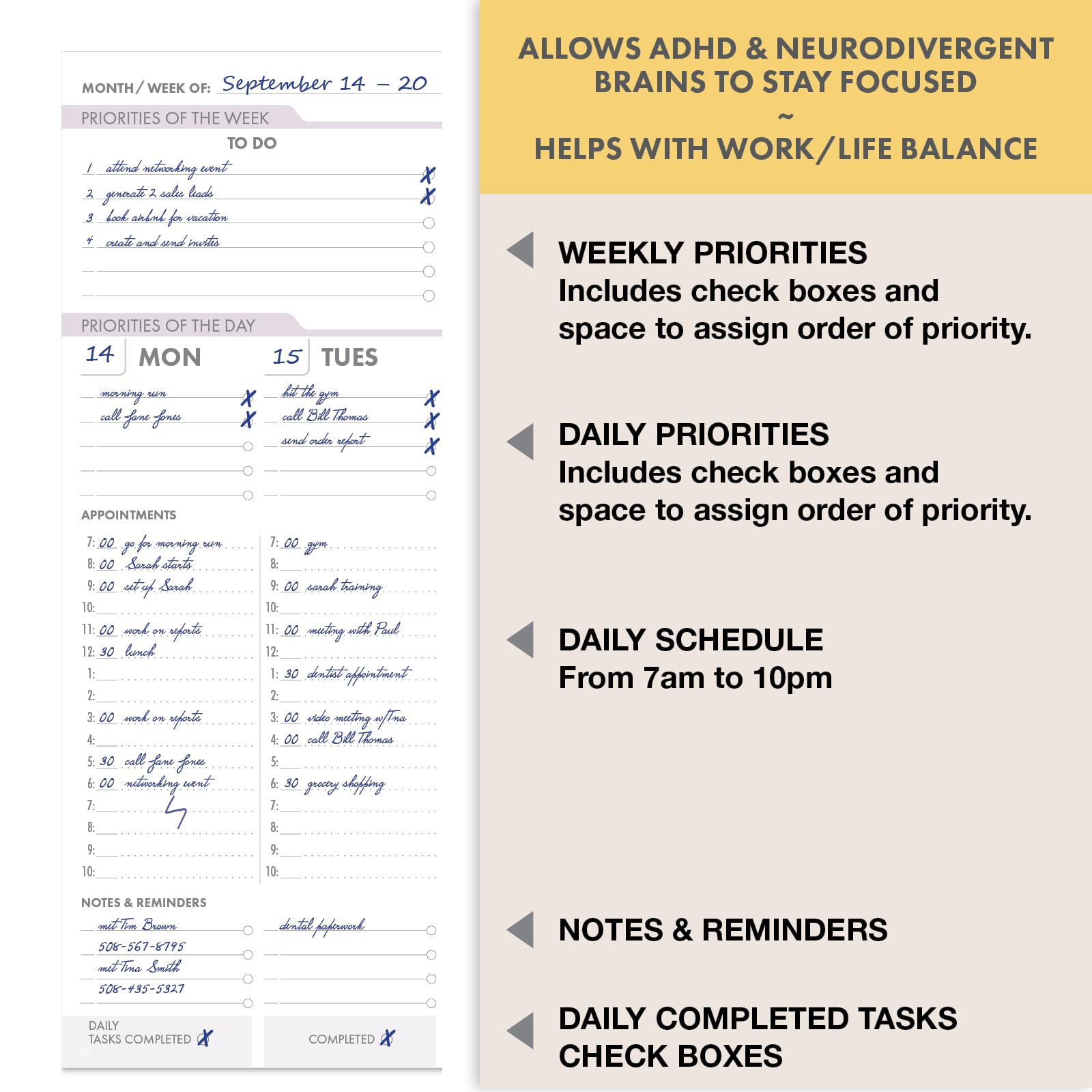DELUXE ESSENTIAL PRO - Agenda diaria, semanal y mensual sin fecha, pestañas mensuales, seguimiento diario, páginas de notas, bolsillo de almacenamiento, marcapáginas con notas adhesivas (negro)