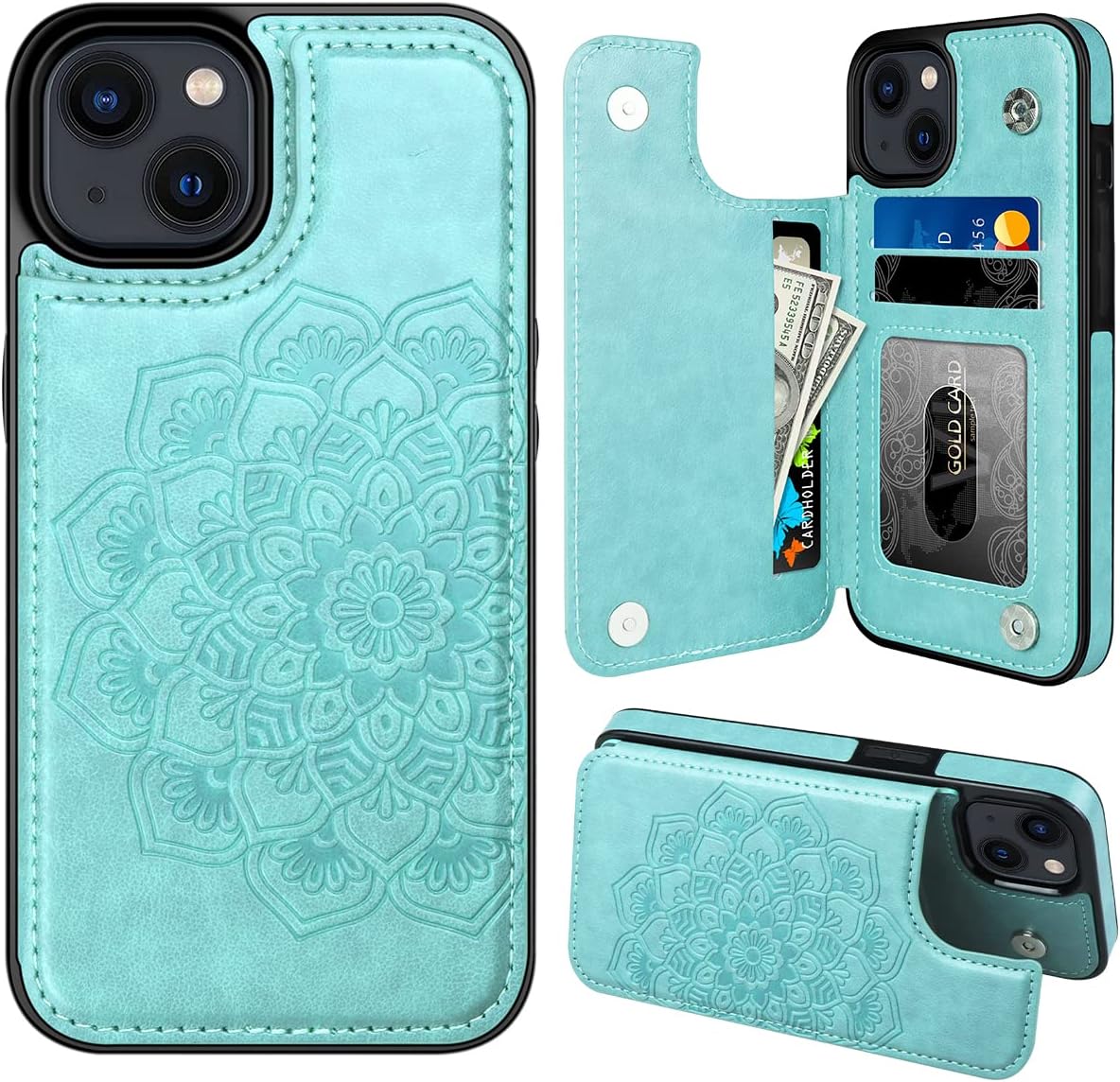 MMHUO for iPhone 15 Case with Card Holder,Flower Magnetic Buttons Protective Wallet Case for Women for iPhone 15,Mint