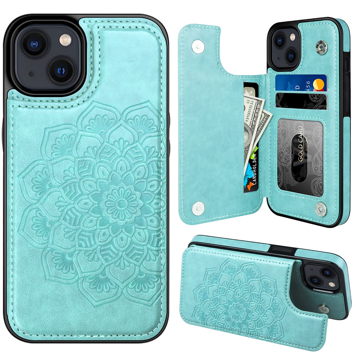 MMHUO for iPhone 15 Case with Card Holder,Flower Magnetic Buttons Protective Wallet Case for Women for iPhone 15,Mint