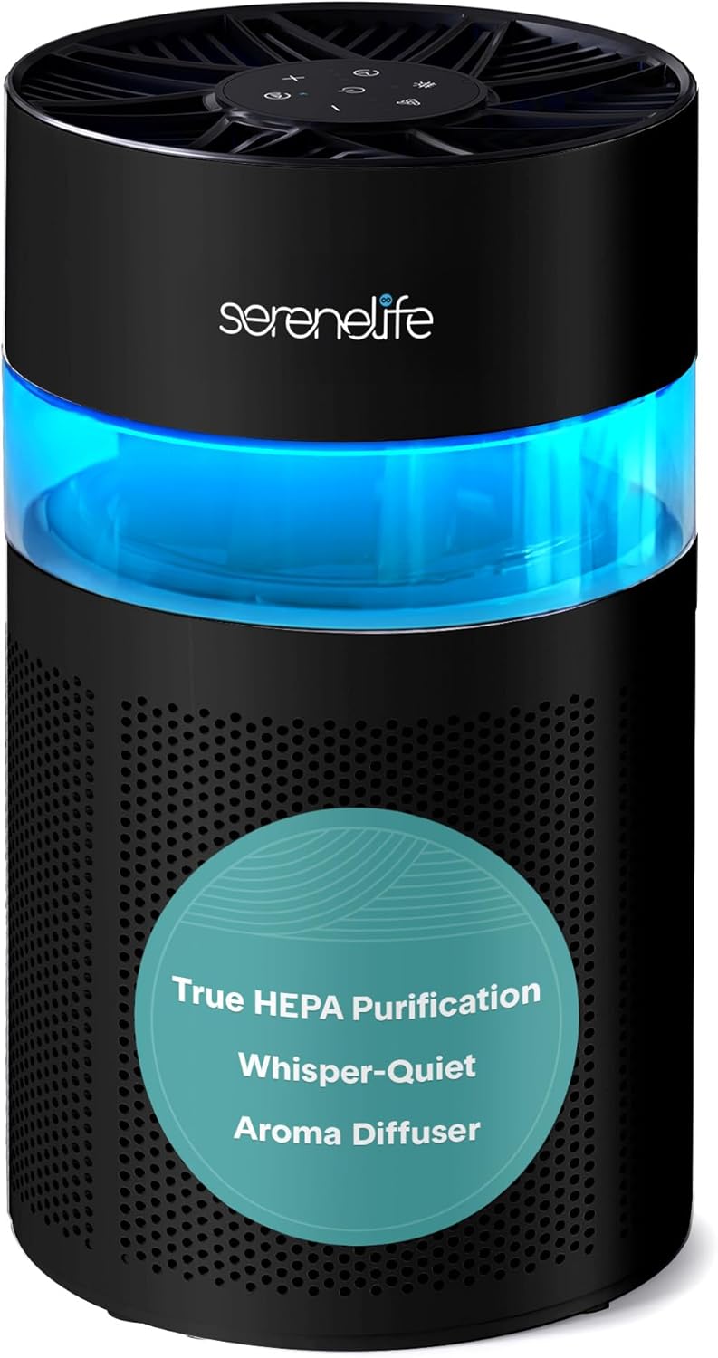 SereneLife Portable Air Purifier | Small Air Purifier For Home, Allergies, Pet Hair & Bedrooms | Filter Change Reminder & Aroma Box | Filtration Removes Dust, & Smoke Odor | Timer & Sleep Mode | Black