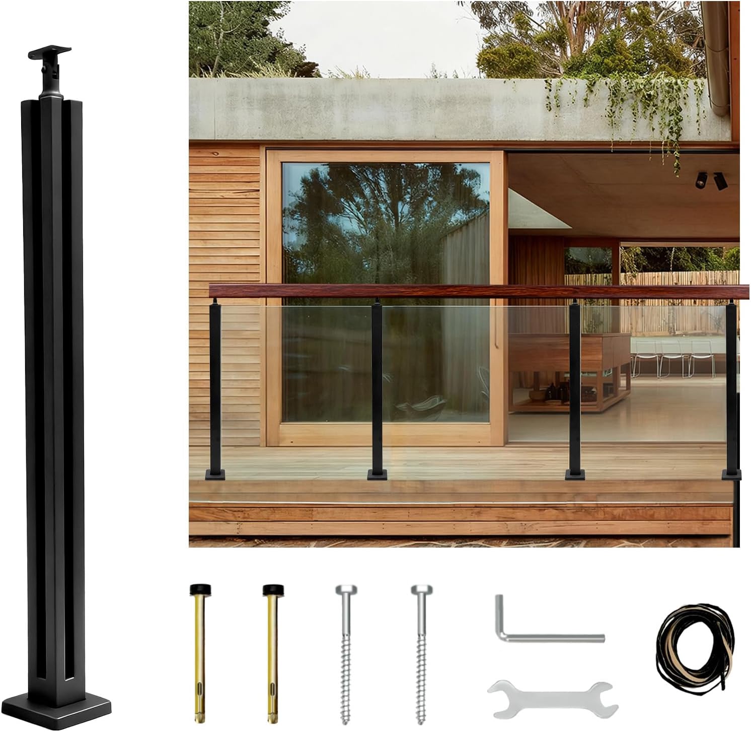 43.5" Glass Railing Corner Post with Top Adjustable Bracket for Handrails,304 Stainless Steel Glass Balustrade Post with Spigot Slots for Railing of Deck,Balcony,Attic,Staircase(Black)