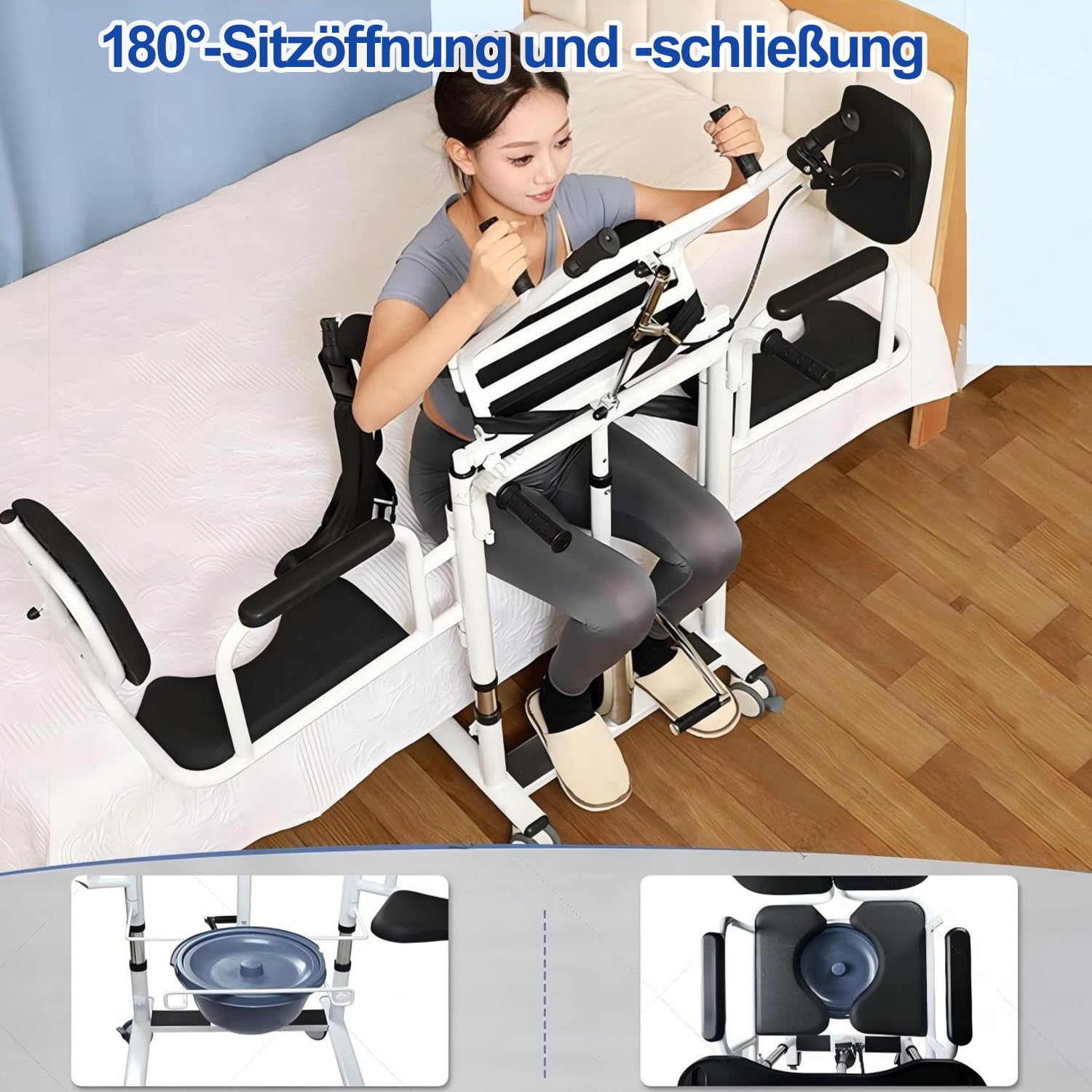 Patientenlifter Transferstuhl, 5-in-1 Hydraulischer Patientenlift-Rollstuhl mit 180° Geteiltem Sitz Tischplatte, Höhenverstellbarer Toiletten- und Duschstuhl für Senioren Zuhause,Blau