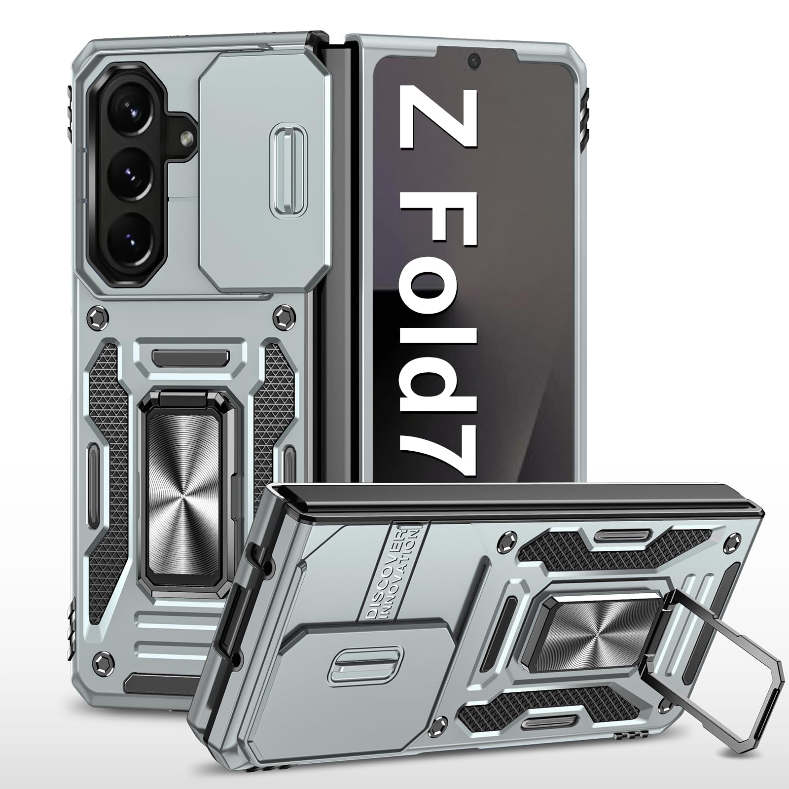 Handyhülle für Samsung Galaxy Z Fold 7 Hülle mit Slide Camera mit Kameraschutz Galaxy Z Fold 7 Schutzhülle 360° Drehbarer Metall Ring Ständer Stoßfest für Samsung Z Fold 7 5G (Grau)