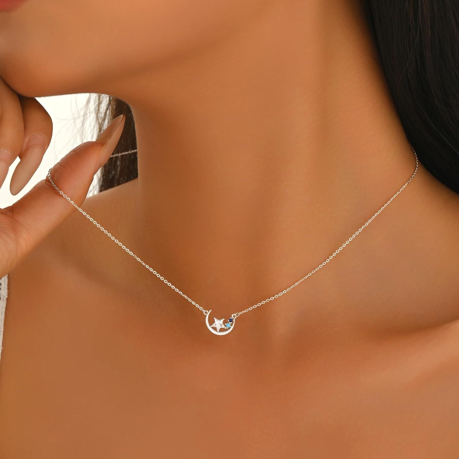 Moon Star Necklace for Women,925 Sterling Silver Dainty Cubic Zirconia Star Pendant Chain Necklace for Mother Daughter 14k Gold Plated Cystal Crescent Charm Necklaces Jewelry Gift for Birthday Wedding Easter - Image 3