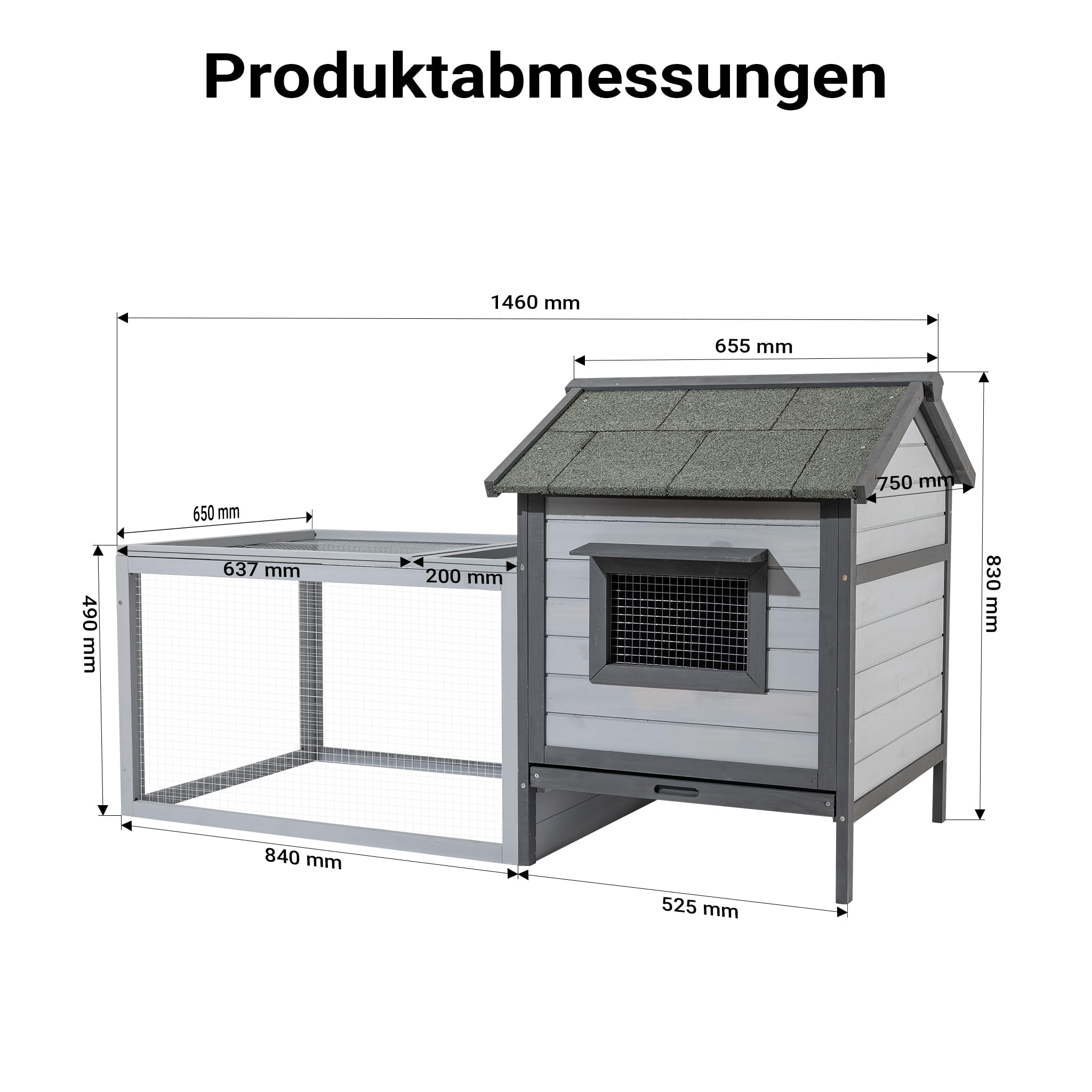 Wiltec Hasenstall hellgrau 1460 x 750 x 830 mm mit Freilaufgehege und erhöhtem Unterschlupf aus Holz, Kaninchenkäfig mit 2 Etagen, Kleintierstall