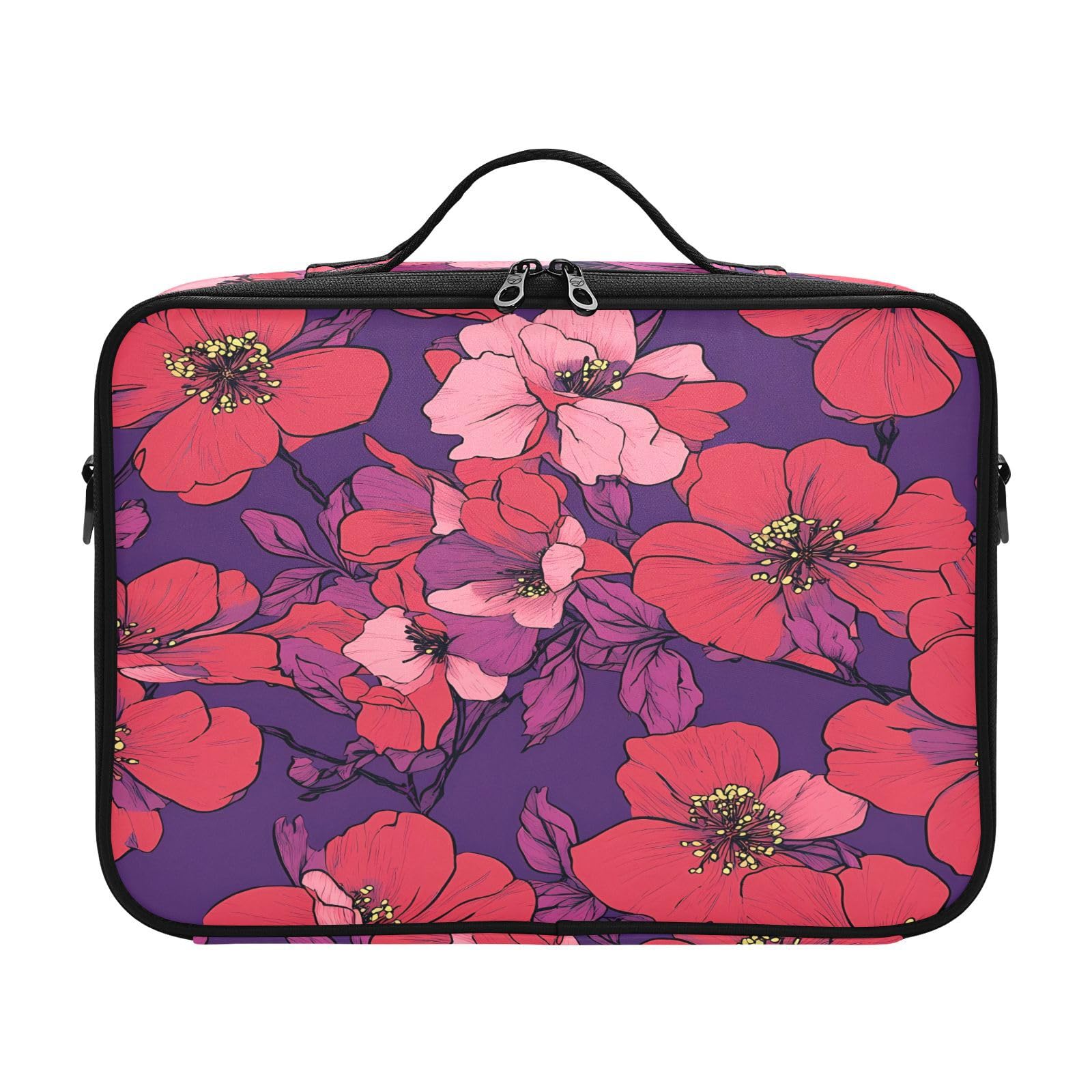zyrtty Travel Makeup Train Case Purple Flowers Pattern Red Cosmetic Organizer Portable Storage Bag with Adjustable Dividers for Cosmetics Brushes Toiletry Jewelry Digital Accessories
