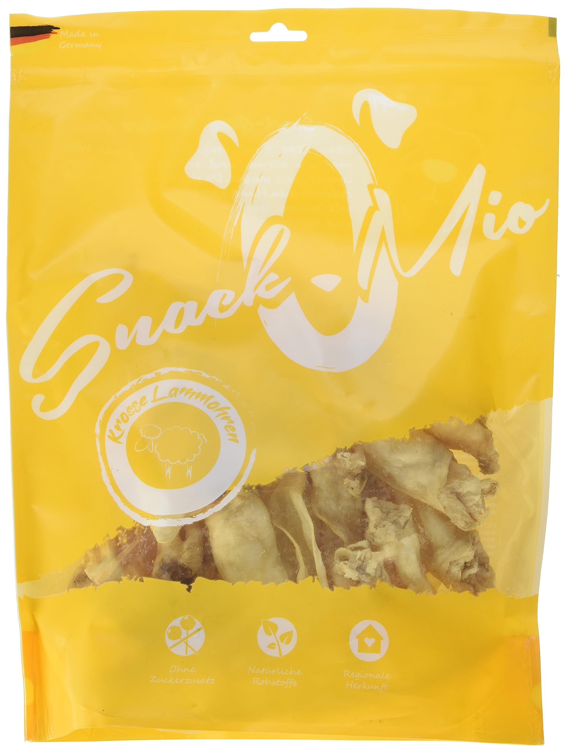 SnackOMio - Snack Premium para Perros - Orejas de Cordero crujientes, sin Cereales, 1 Paquete (1 x 640 g)