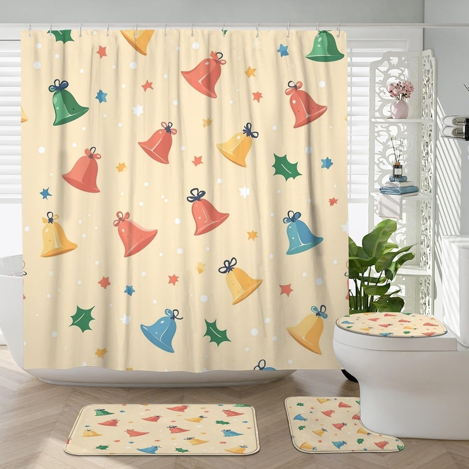 4PCS Seamless Christmas Bells Bathroom Sets with Non-Slip Rug, U Shape Toilet Lid Cover Mat, Weird Fun Happy Xmas Bathroom Decoration 72''x72''