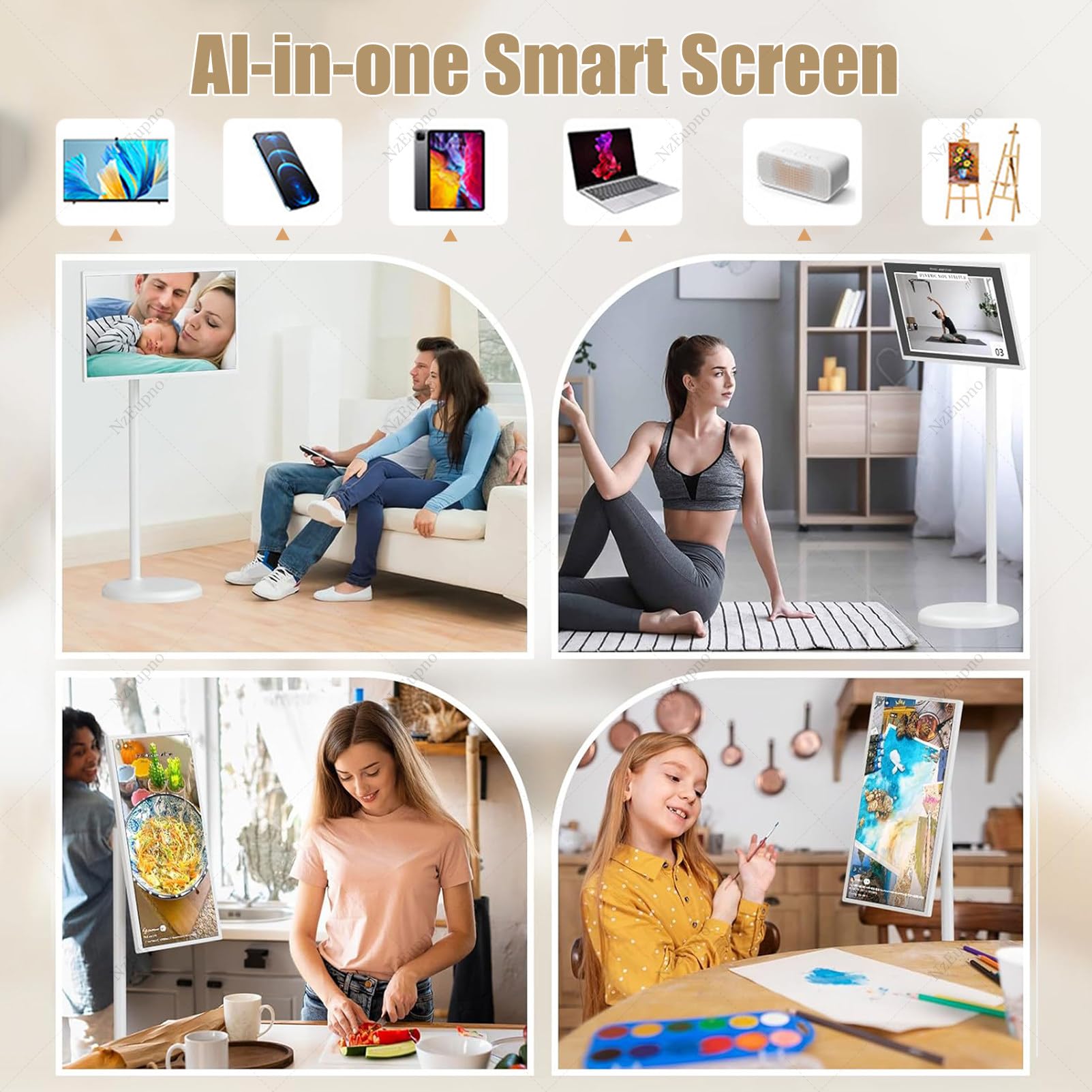 TéLéViseur Portable Intelligent avec TéLéCommande, Support TV Mobile | éCran Tactile sur Pied | TéLéViseur sans Fil sur roulettes | Batterie IntéGréE, Rotation ComplèTe White-4+64G