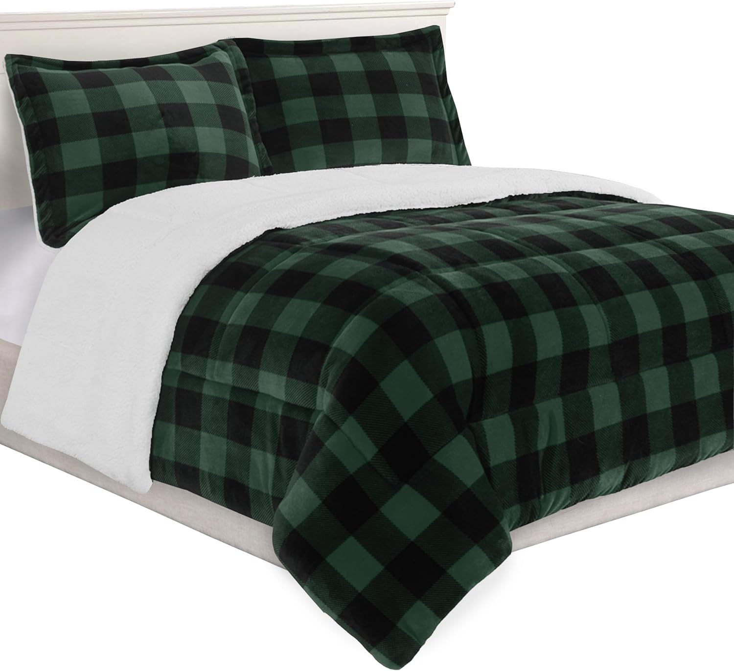 Elegant Comfort 3-Piece Buffalo Lodge-Plaid Comforter Set, Luxurious, Heavyweight, All Season, Down Alternative-Micromink Sherpa-Backing Reversible Micro-Suede, Soft and Plush, King, Green