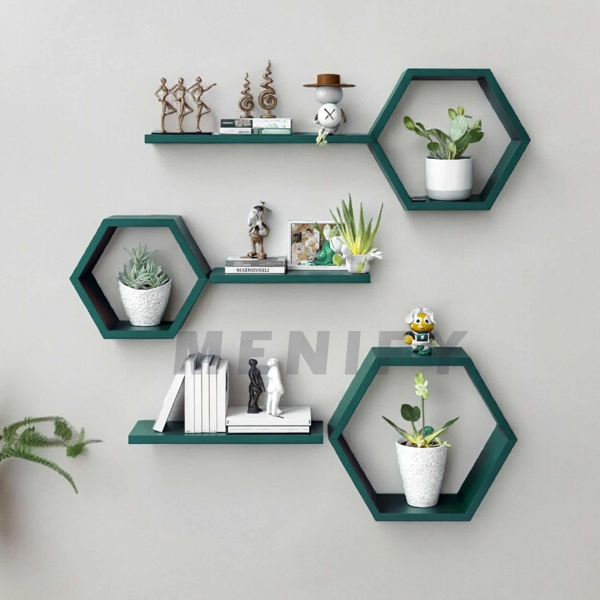 Wooden Hexagonal Shape Wall Hanging Rack Shelf Wall Shelf for Living Room Bedroom Decoration, Bathroom, Kitchen, Dining Room and Any Space That Need A Touch of Elegance (Turqoise Green)