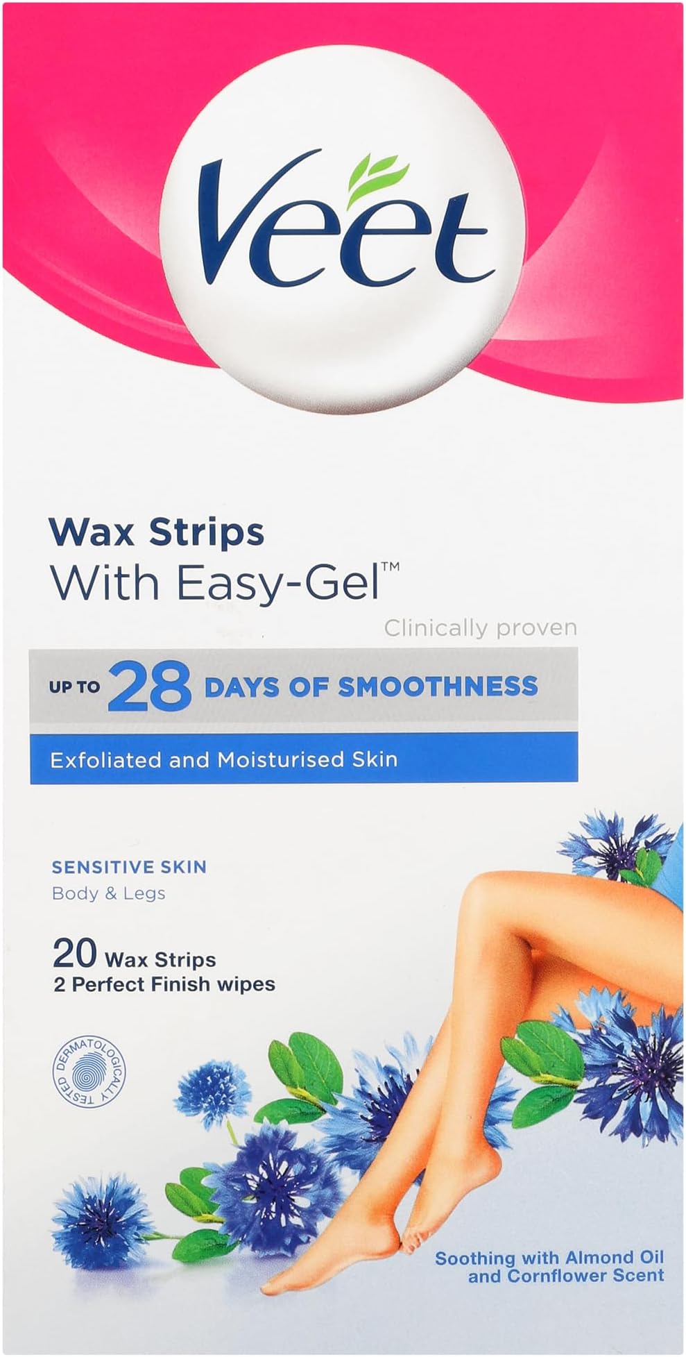 Professional Hair Removal Easy-Gel Legs & Body Wax Strips with Almond Oil for Sensitive Skin, 20 Strips