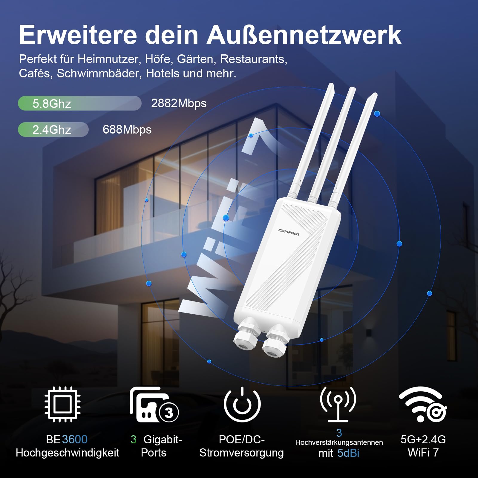 COMFAST Outdoor WLAN Access Point, WiFi 7 3600 Mbit/s Outdoor WLAN Repeater Dualband mit 3 abnehmbaren Antennen, 3 Gigabit-Ethernet-Ports, 48V PoE & 12V DC, MU-MIMO, IP66, Router/AP/Repeater Modus