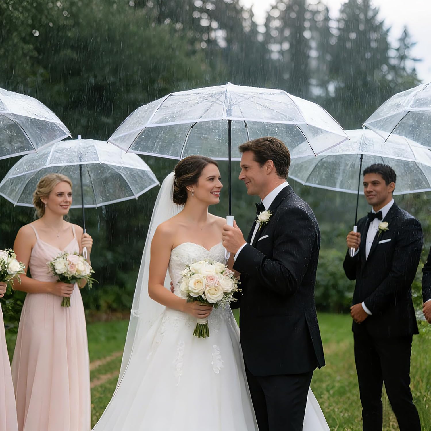 12 Pcs Full Automatic Clear Umbrella Wedding, Foldable Auto Open Close Clear Umbrella Bulk with Wedding Thank You Cards for Rain Wedding Anniversary Party Favors