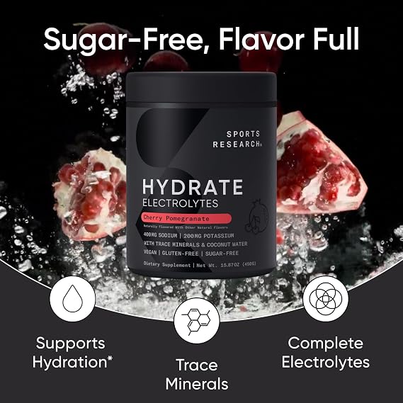Sports Research Hydrate Jars - Sugar-Free & Naturally Flavored with Vitamins, Minerals, and Coconut Water - Supports Hydration - 15.67 OZ. - Cherry Pomegranate