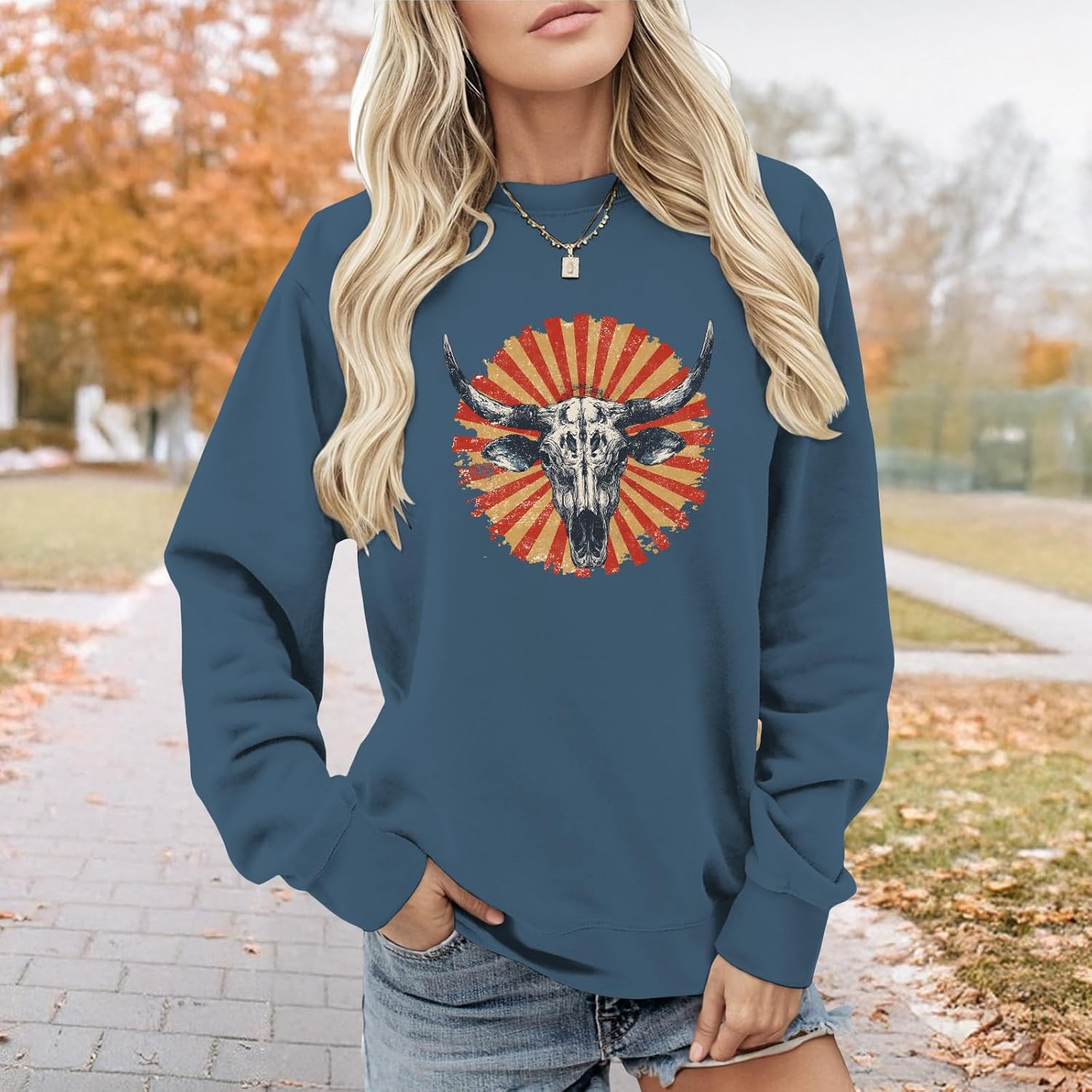 Fashion Womens Pattern Printed Gray Blue Round Neck Long Sleeve Cotton Blend Casual Loose Pullover Sweatshirt - Image 4