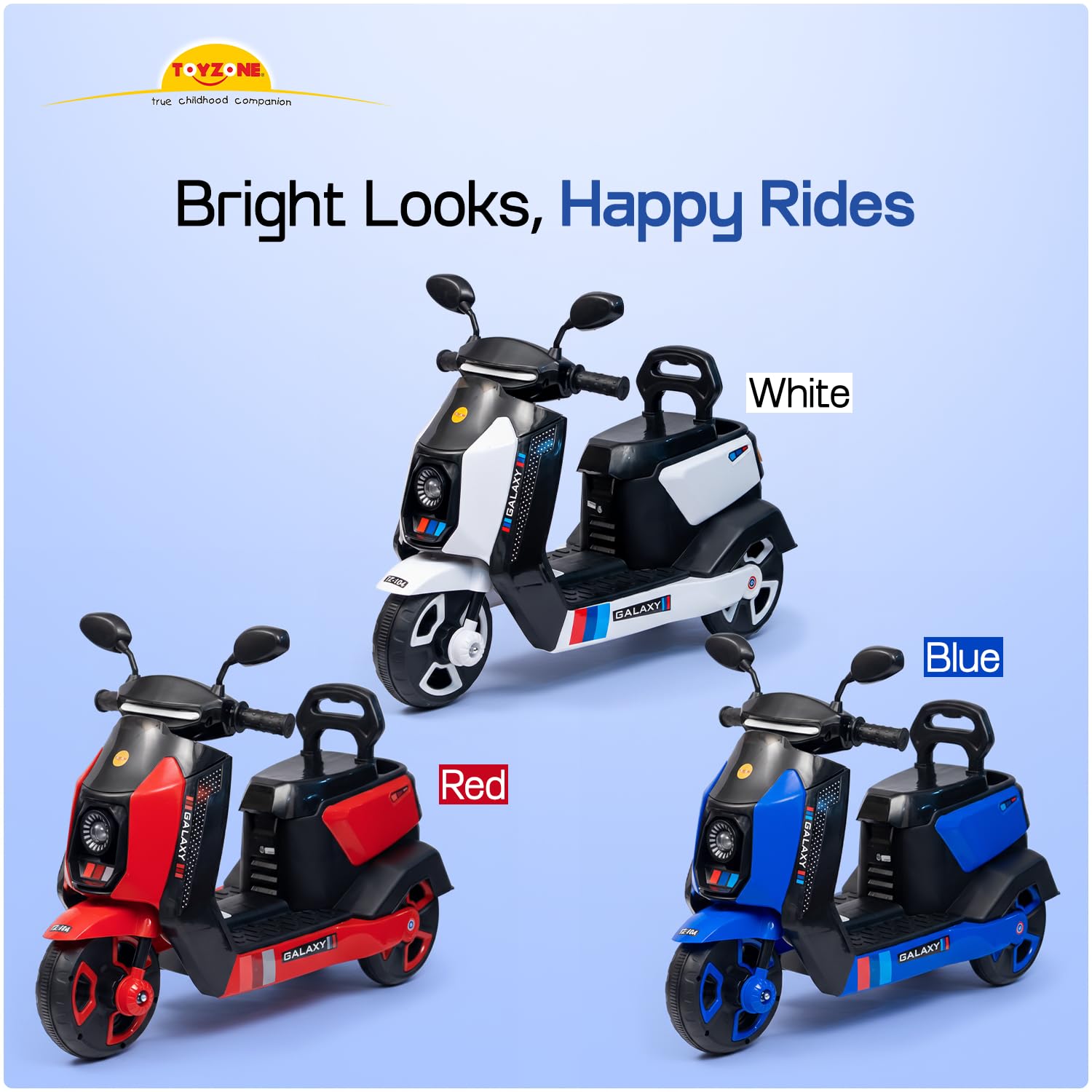 Toyzone Galaxy Kids Electric Scooty (White) | 6V 4.5Ah Battery Rechargeable Scooter | Music & Colourful LED Lights | Smooth Acceleration | 6 Months Battery Warranty | for Kids 3-8 Years, Upto 35 Kgs 4