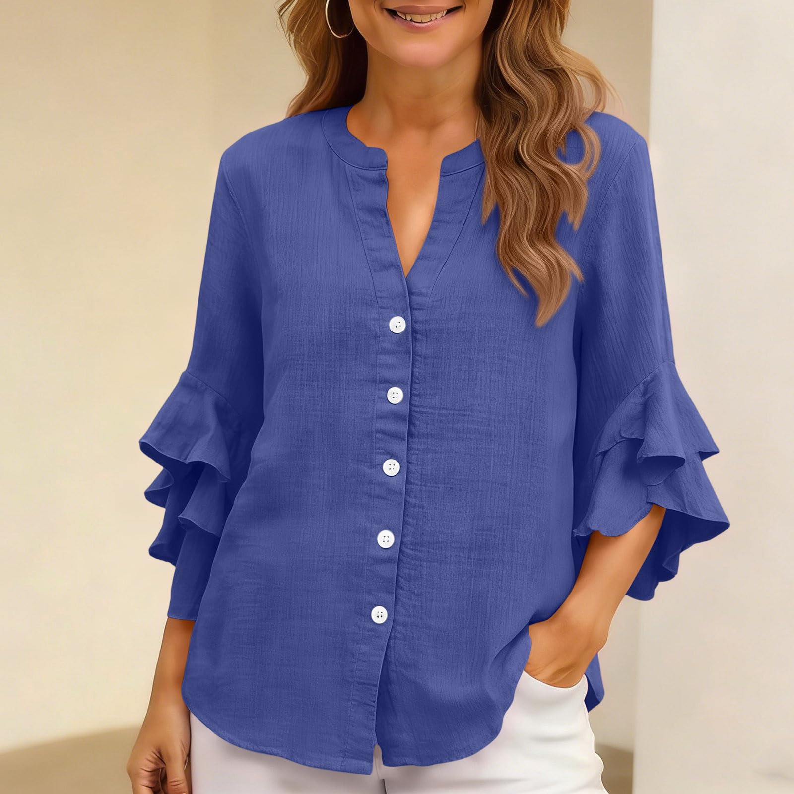 3/4 Ruffle Sleeve Cotton Linen Shirts for Women Dressy V Neck Beach Tunic Tops Elegant Summer Casual Work Blouses - 4