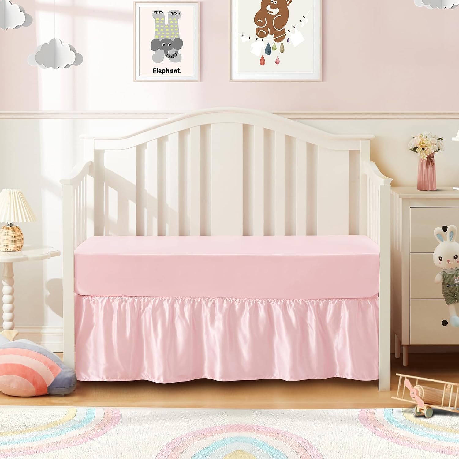 SiinvdaBZX 2-Piece Set Satin Crib Sheets & Crib Bed Skirt, 52″ x 28″ Silky Soft Ruffled Baby Crib Skirt with Adjustable Elastic 14″ Drop, Fit for Standard Crib & Toddler Bedding (Pink)