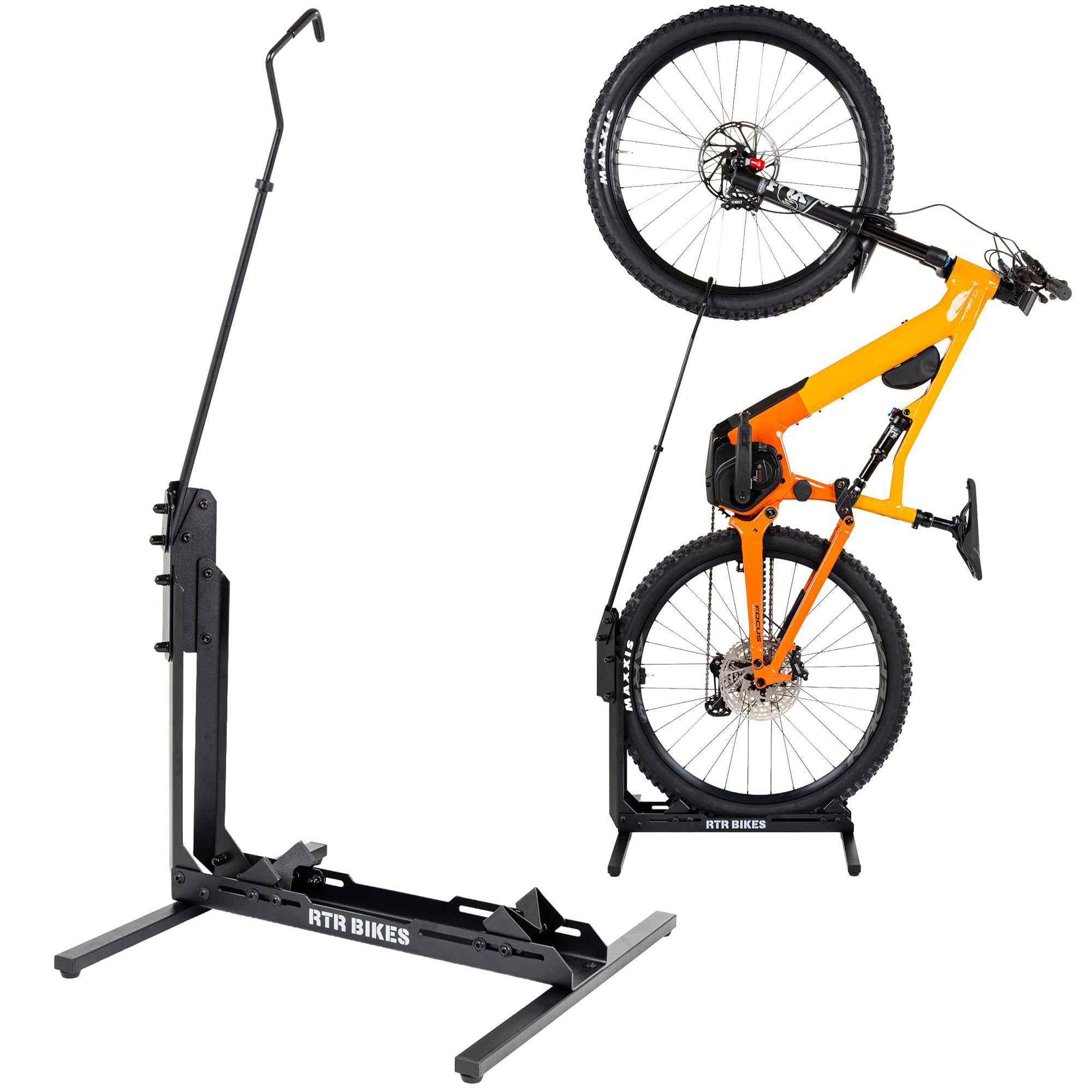 RTR BIKES Brutus Up Cavalletto Bici Verticale e Orizzontale – Supporto Pavimento Salvaspazio per E-Bike e MTB fino a 30kg – Ruote 24-29" e Gomme 3,5" – Made in EU