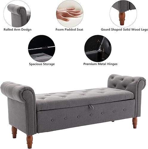 Miniatura 4 de Aoowow Banco de almacenamiento con brazo enrollado, banco otomano de almacenamiento de lino copetudo con brazos, banco de almacenamiento de 62.8