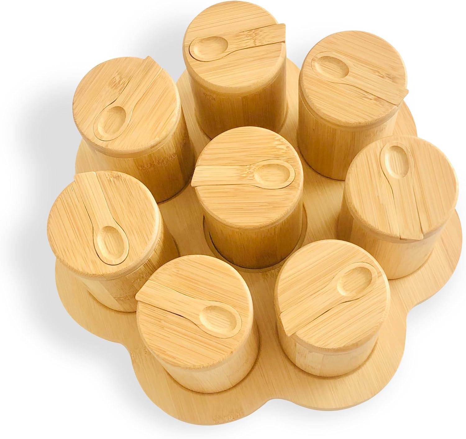 Set of 8 Bamboo spice Jars with magnetic swivel lids, 8 Spoons and 1 Rotating Tray