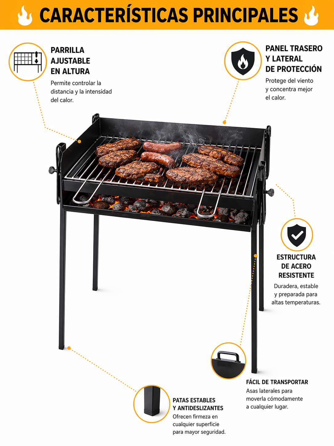 Barbacoa de Carbón Rectangular Portátil con Parrilla Elevable – Acero Resistente para Jardín y Terraz (60x40)