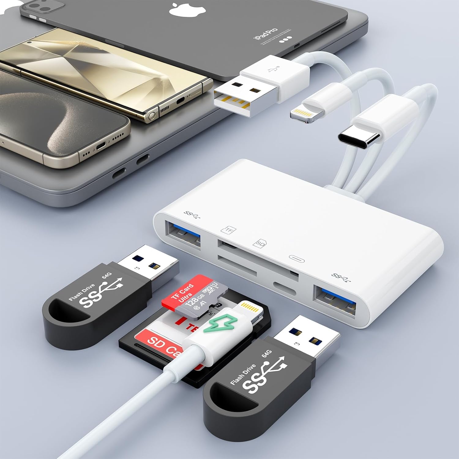 5-in-3 SD Card Reader for iPhone iPad with USB A & Charging Port, Lightning + USB A + USB C to SD Memory Card Reader for iPhone/iPad/Android/MacBook/PC/Tablet/Camera/Hard Disk/Flash Drive