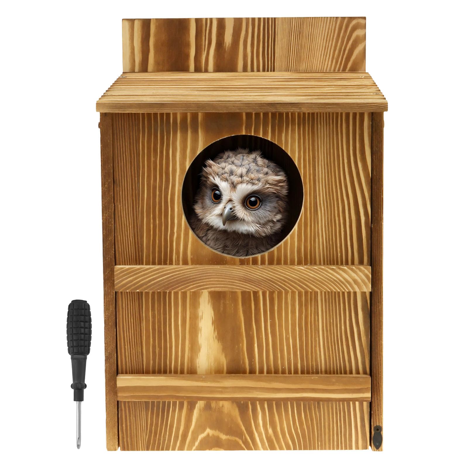 Owl House, Circular Opening Wood Owl Nesting Box, Large Size Bird Box with 2 Scratching Poles on the Outside, Assembly Required, with Mounting Screws, for Gardens