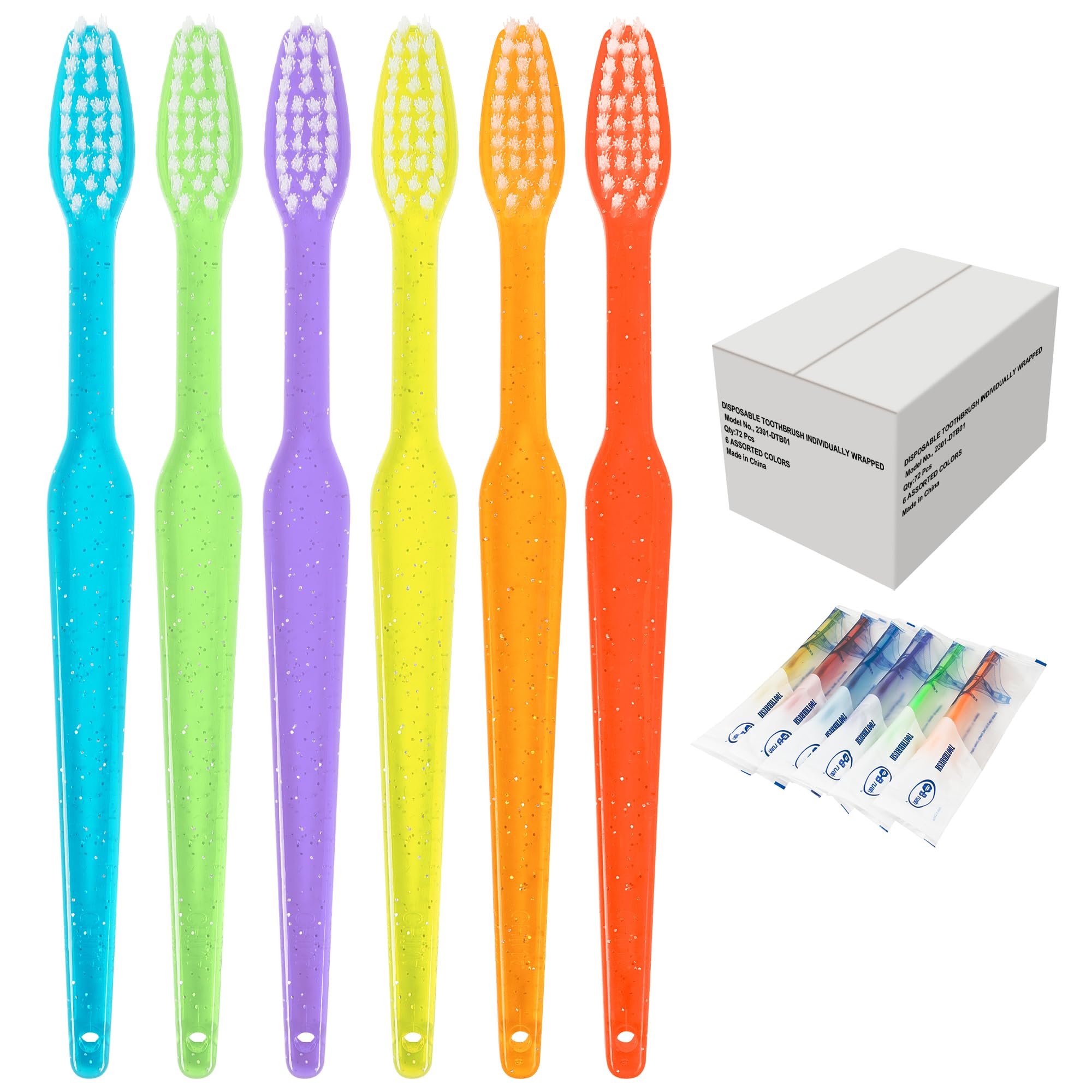 Spazzolino da denti usa e getta, confezionati singolarmente, morbide setole in nylon, spazzolino manuale da viaggio per adulti o bambini, multicolore (72 pezzi)