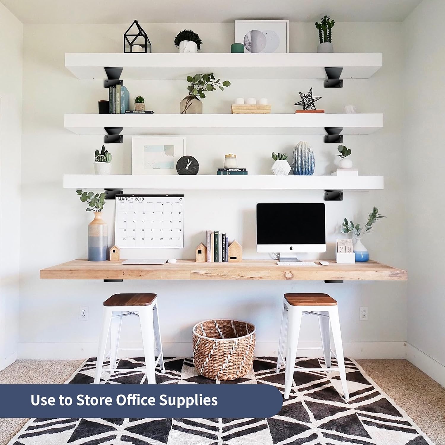 [6 Pack] FMhotu 10 Inch Floating L Shelf Bracket for Wall, Heavy Duty 1/5” Thick Industrial Shelf Brackets W/ Modern Metal Finish, Black Hidden Shelves Mounting Brackets to Maximize Your Storage Space