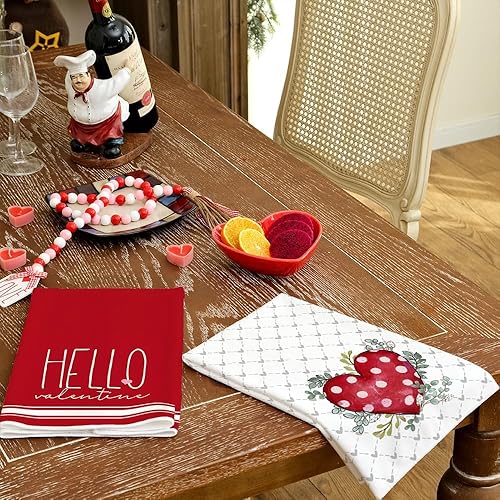 Miniatura 5 de ARKENY AD181 - Juego de 2 paños de cocina para el día de San Valentín, diseño de lunares rojos, hojas de eucalipto, 18 x 26 pulgadas, para