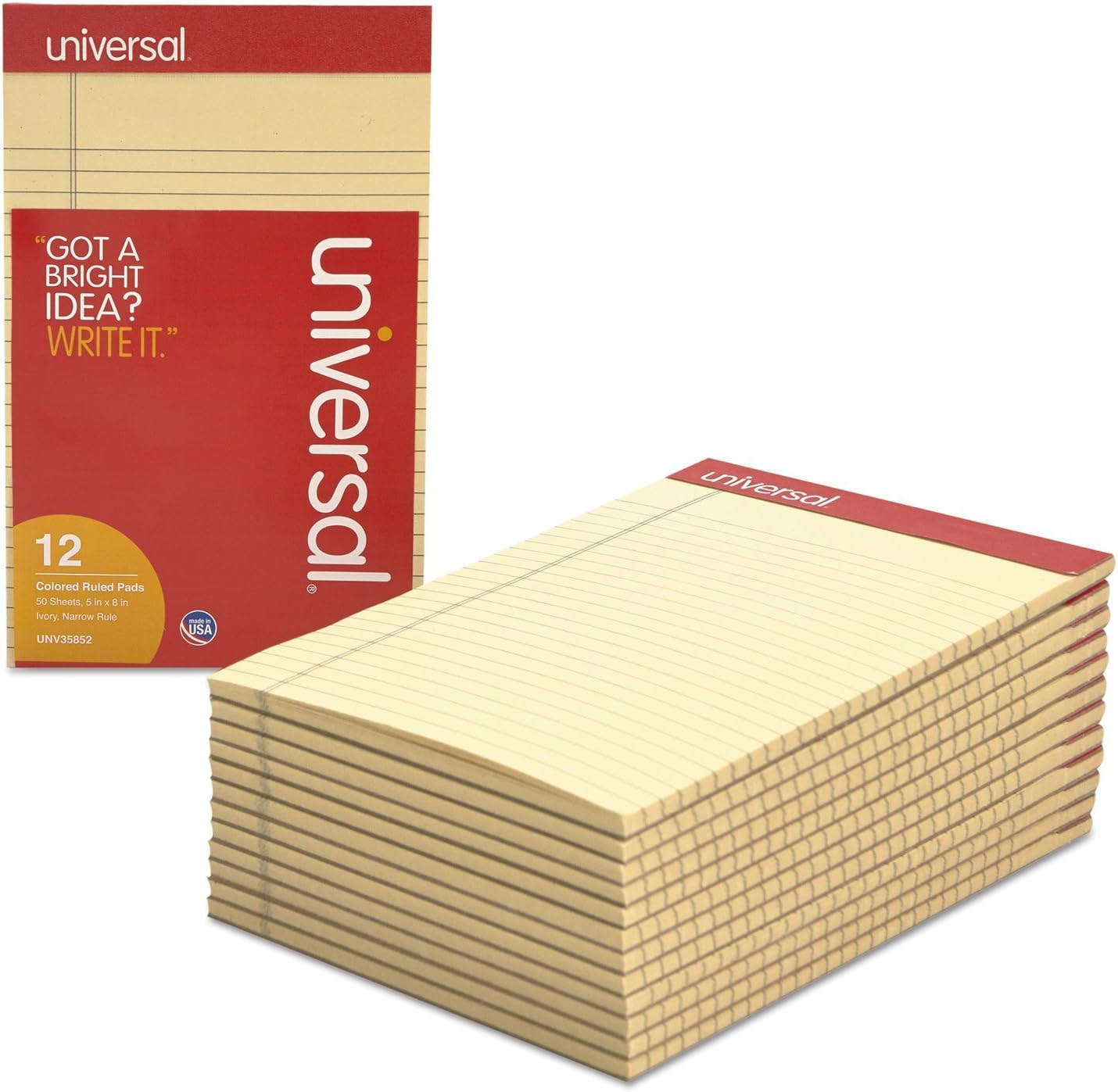 Universal Colored Perforated Note Pads, Narrow Rule, 5" x 8, Ivory, 50-Sheet, Dozen (35852)