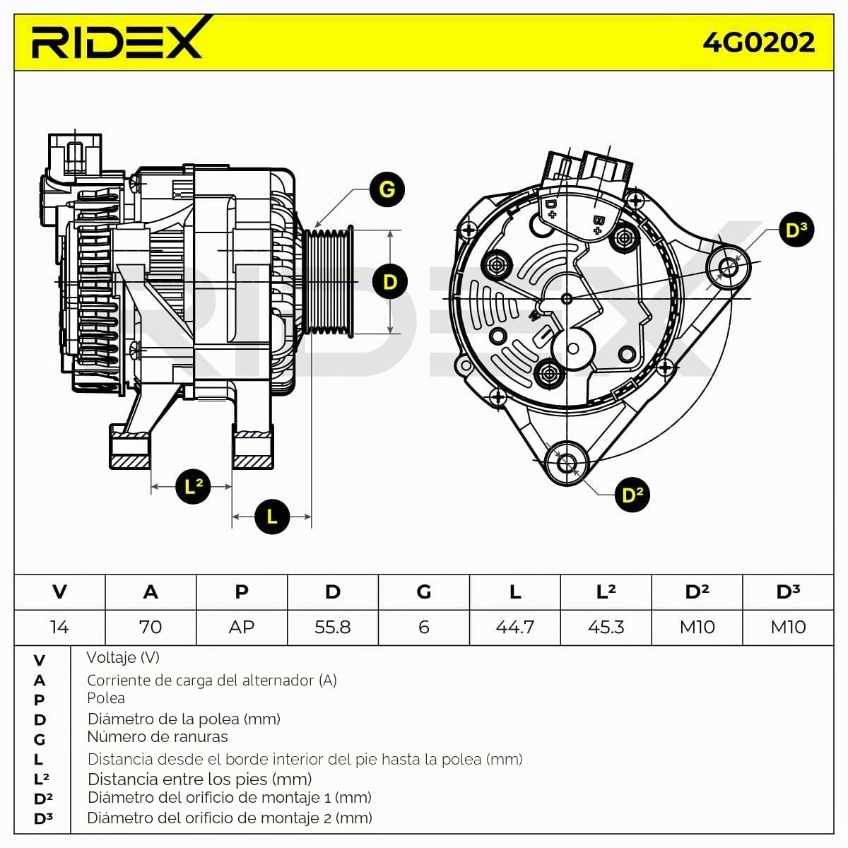 RIDEX 4G0202 Alternador con regulador incorporado Compatible con PEUGEOT 206 Fastback 2A/C