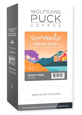 Wolfgang Puck Soft Coffee Pods, Sorrento Decaf, 9.5 Gram, 18 Count Pack of 6