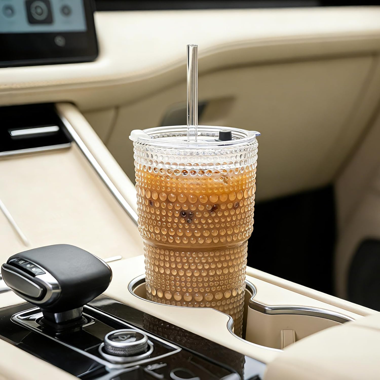 INSETLAN 20oz Hobnail Glass Cups with Lids and Glass Straws – 4 Pieces, Thick-Walled Glass Tumblers for Iced Coffee, Smoothies, Milk, Water, Juice, and More – Elegant and Durable Drinking Glasses