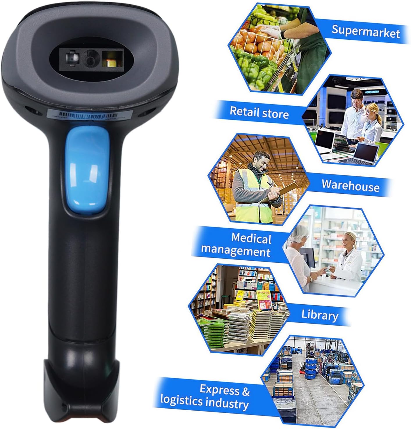 1D 2D QR Barcode Scanner Wireless, Handheld Cordless Bar Codes Reader with 2000mAh Battery for Mobile Payment, Convenience Store, Supermarket, Warehouse Inventory