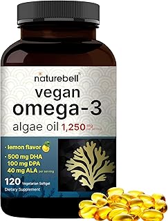 Vegan Omega 3 Algae Oil Supplement, 120 Veggie Softgels | Carrageenan Free, Plant-Based DHA & DPA | Fish Oil Alternative | Full Spectrum of Omega 3 with Flaxseed & ALA | Lemon Flavored