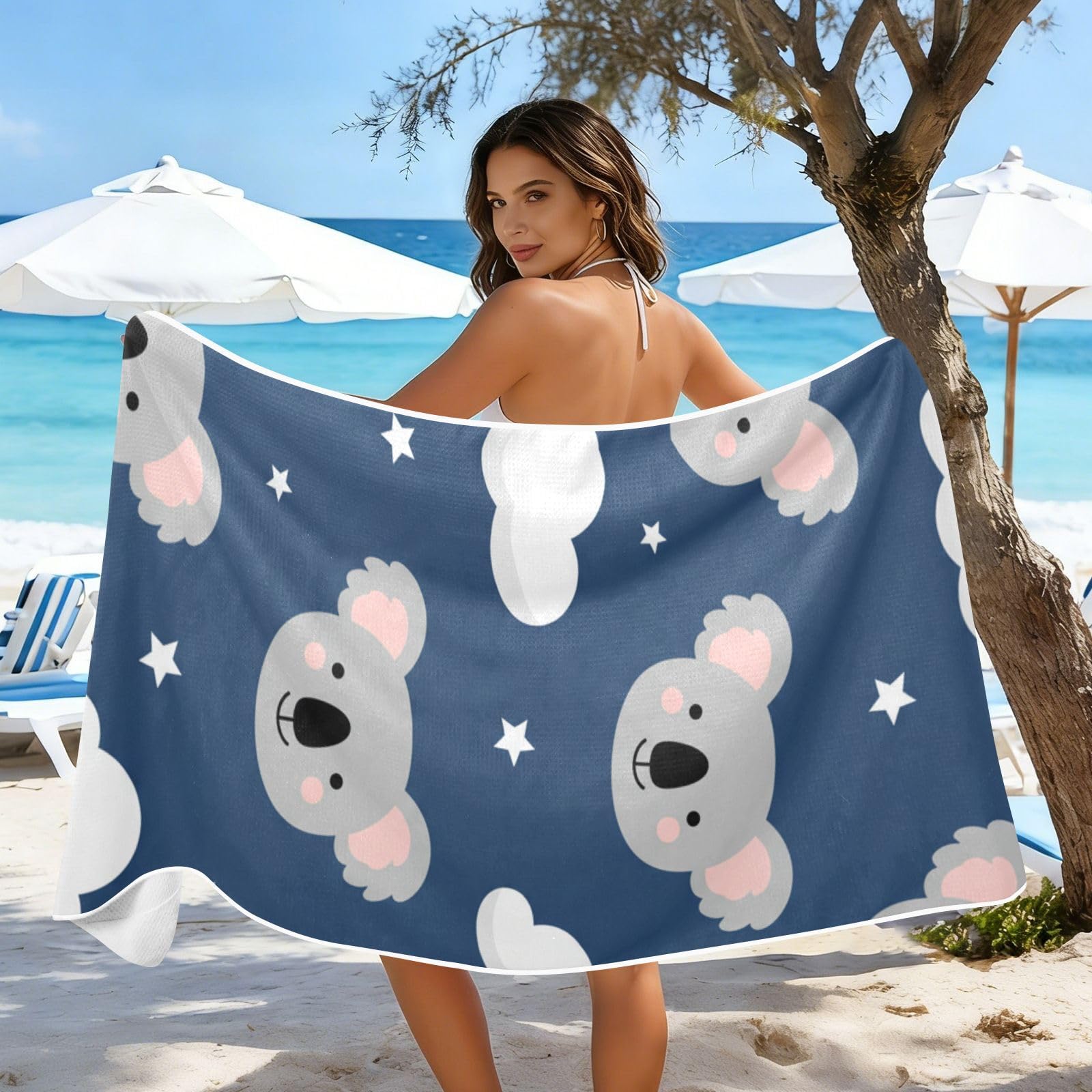 Grandes serviettes de plage avec sacs en maille pour adultes, motif koala mignon Good Night avec fermeture magnétique, serviette absorbante à séchage rapide pour piscine, camping et voyage, 190